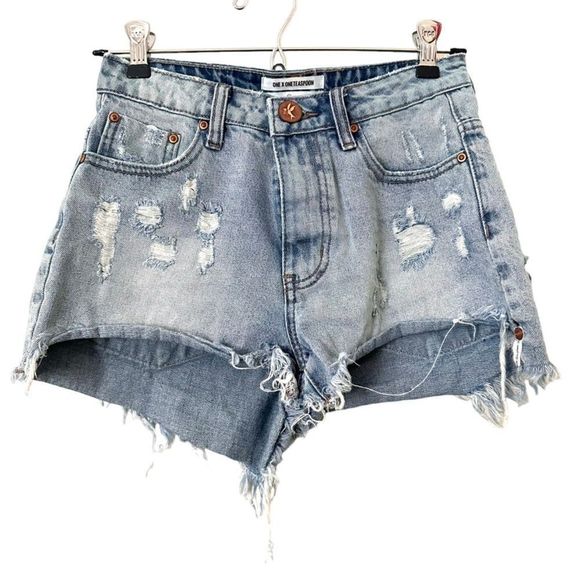 One Teaspoon Faded Blue Distressed High Waist Shorts - Picture 1 of 5